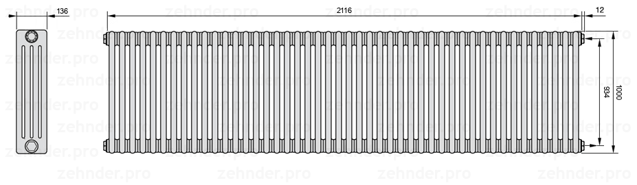 Схема (чертеж) Радиатор Zehnder Charleston 4100/46 №7610 Белый глянцевый RAL 9016